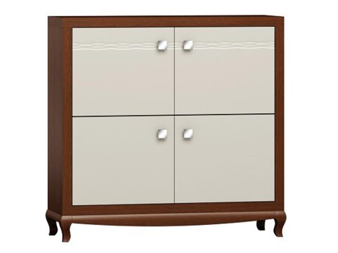 Klasyczna komoda z drewnianymi frontami, rzeźbionymi nogami i dekoracyjnymi uchwytami do salonu