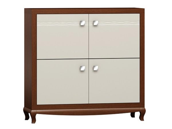 Klasyczna komoda z drewnianymi frontami, rzeźbionymi nogami i dekoracyjnymi uchwytami do salonu