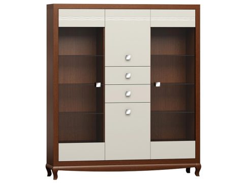 Klasyczna witryna z drewnianymi frontami, przeszklonymi drzwiami i rzeźbionymi nogami do eleganckiego wnętrza