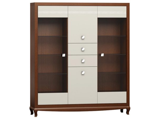 Klasyczna witryna z drewnianymi frontami, przeszklonymi drzwiami i rzeźbionymi nogami do eleganckiego wnętrza