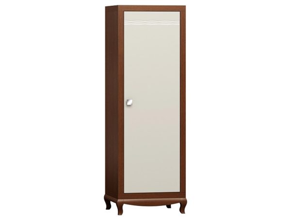 Wąska witryna z drewnianymi frontami, przeszklonymi drzwiami i rzeźbionymi nogami w stylu vintage