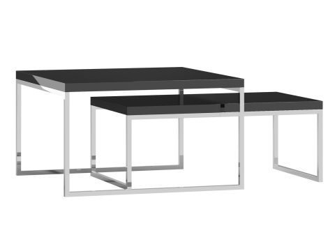 Zestaw nowoczesnych stolików z metalowymi nogami i czarnymi blatami w minimalistycznym stylu