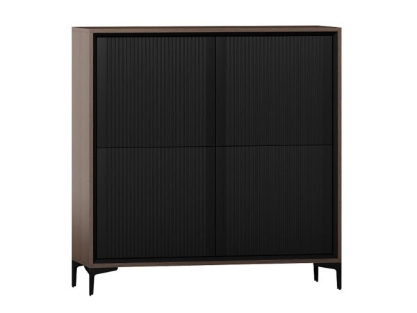 Szafka z ciemnymi frontami, smukłymi nogami i pionowymi żłobieniami w minimalistycznym stylu