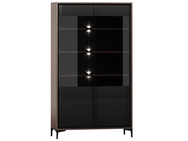 Witryna z ciemnymi frontami, przeszklonymi drzwiami i ledowym podświetleniem w stylu industrialnym