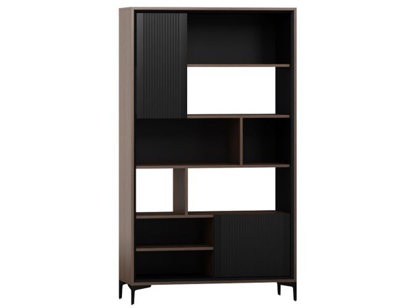 Regał z ciemnymi frontami i otwartymi półkami w nowoczesnym stylu do salonu lub gabinetu