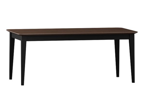 Drewniany stół w stylu retro z prostymi nogami i ciemnym blatem do eleganckiego salonu