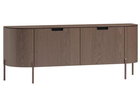 Drewniana szafka RTV z metalowymi nogami, nowoczesny styl