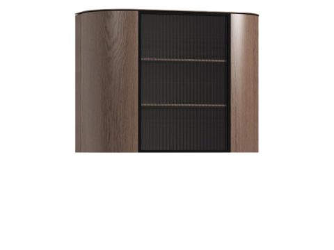 Wysoka witryna drewniana z ryflowanym frontem czarnym