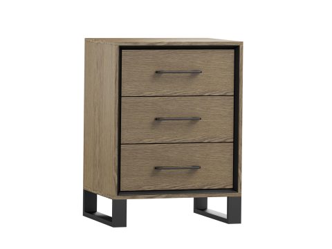 Szafka nocna z trzema szufladami i czarnymi metalowymi uchwytami