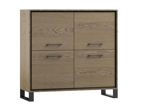 Drewniana komoda z czterema szafkami i czarnymi metalowymi nogami