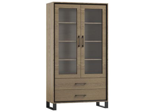 Wysoka, wąska witryna z jasnego drewna i szklanymi drzwiami