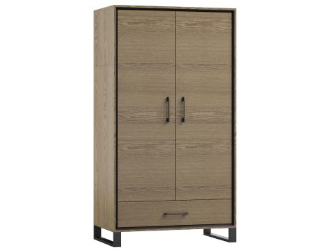 Wysoka, wąska szafa z drewnianym frontem, nowoczesny styl