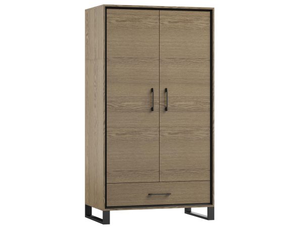 Wysoka, wąska szafa z drewnianym frontem, nowoczesny styl