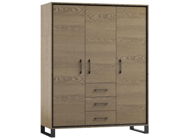 Drewniana szafa z czarnymi uchwytami, minimalistyczny design