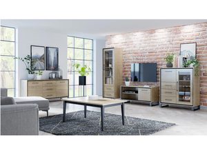 Miniaturka 1 - Zestaw mebli do salonu z drewnianymi frontami, styl industrialny