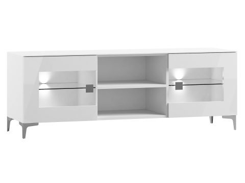 Biała szafka RTV z półkami i metalowymi nogami, styl nowoczesny z oświetleniem LED