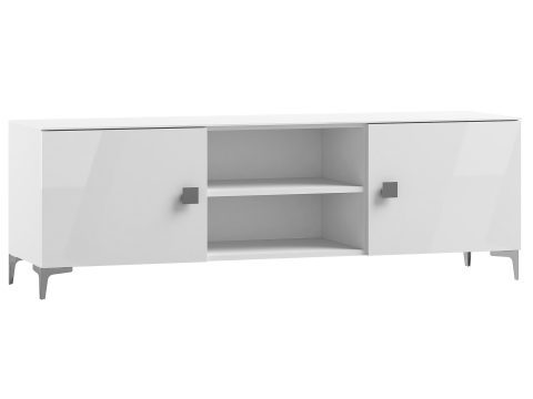 Biała szafka RTV z półkami i metalowymi nogami, styl nowoczesny