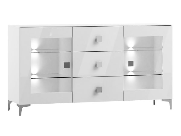Biała komoda z przeszklonymi drzwiami i podświetleniem LED, styl nowoczesny