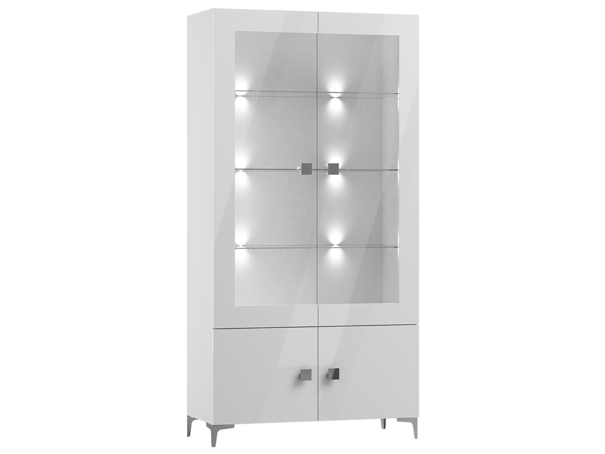 Biała witryna z przeszklonymi drzwiami i podświetleniem LED, styl nowoczesny Biała witryna z przeszklonymi drzwiami i podświetleniem LED, styl nowoczesny