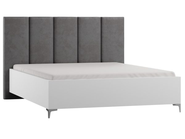 Tapicerowane łóżko z wysokim zagłówkiem, szare wykończenie, styl nowoczesny