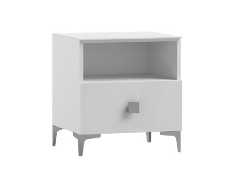 Biała szafka nocna z uchwytem, styl minimalistyczny, nowoczesny design