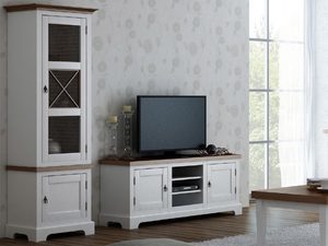 Miniaturka 4 - Biała witryna z przeszklonymi drzwiami i drewnianym blatem do stylowego salonu