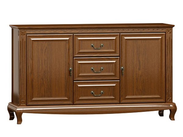 Klasyczna komoda z drewnianymi frontami, rzeźbionymi nogami i dekoracyjnymi uchwytami do salonu