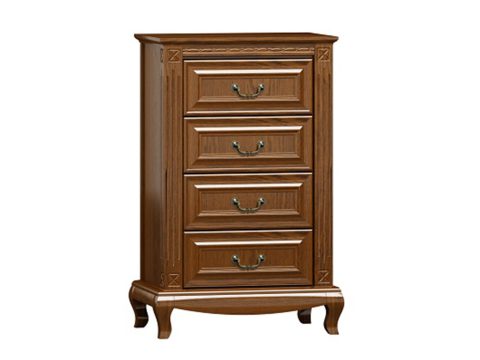 Drewniana komoda z rzeźbionymi nogami, eleganckimi uchwytami i klasycznym wykończeniem do eleganckiego wnętrza