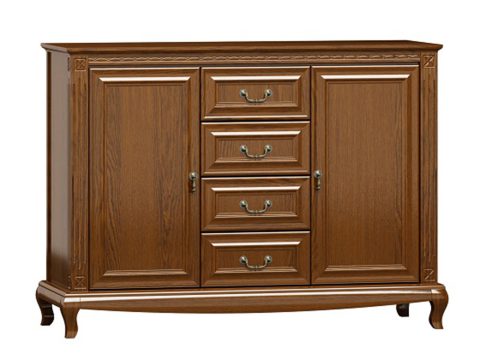 Klasyczna komoda z drewnianymi frontami, rzeźbionymi nogami i dekoracyjnymi uchwytami do stylowego wnętrza