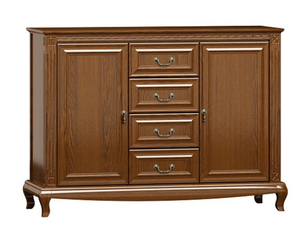 Klasyczna komoda z drewnianymi frontami, rzeźbionymi nogami i dekoracyjnymi uchwytami do stylowego wnętrza