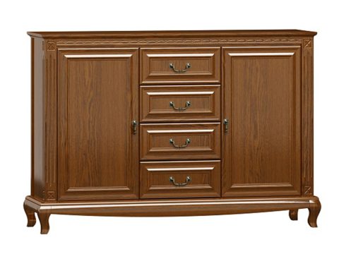 Drewniana komoda z rzeźbionymi nogami, eleganckimi uchwytami i klasycznym wykończeniem do eleganckiego wnętrza