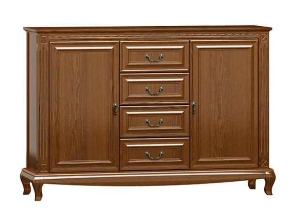 Drewniana komoda z rzeźbionymi nogami, eleganckimi uchwytami i klasycznym wykończeniem do eleganckiego wnętrza