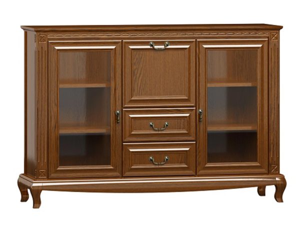 Klasyczna komoda z drewnianymi frontami, rzeźbionymi nogami i dekoracyjnymi uchwytami do salonu