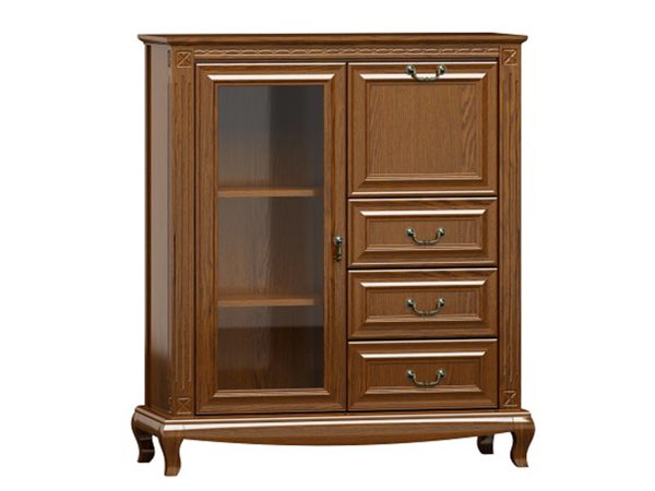 Drewniana komoda z rzeźbionymi nogami, eleganckimi uchwytami i klasycznym wykończeniem do stylowego wnętrza