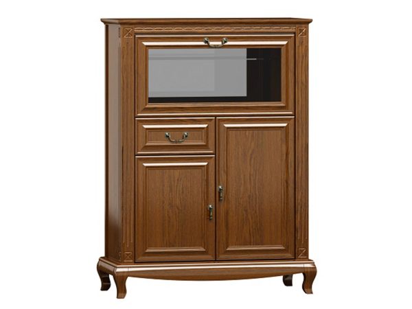 Klasyczna komoda z drewnianymi frontami, rzeźbionymi nogami i dekoracyjnymi uchwytami do stylowego wnętrza