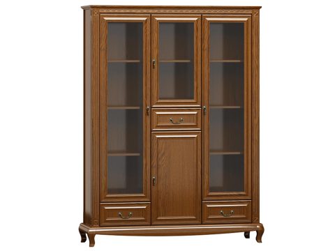 Witryna z przeszklonymi drzwiami, drewnianymi frontami i rzeźbionymi nogami w stylu retro do eleganckiego salonu