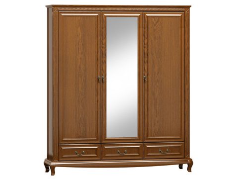 Klasyczna szafa z lustrem, rzeźbionymi detalami i drewnianymi frontami do stylowej sypialni