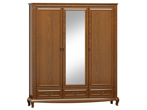 Klasyczna szafa z lustrem, rzeźbionymi detalami i drewnianymi frontami do stylowej sypialni