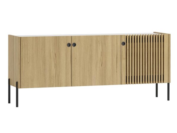 Szafka RTV z ryflowanymi frontami, dąb litego drewna, metalowe nogi, styl nowoczesny