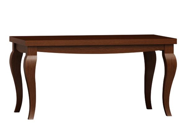 Klasyczny stół z rzeźbionymi nogami i ciemnym drewnianym blatem w stylu retro