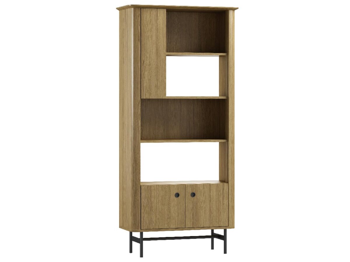 Wysoki regał z półkami i szafką, styl nowoczesny, dąb litego drewna jasnego Wysoki regał z półkami i szafką, styl nowoczesny, dąb litego drewna jasnego