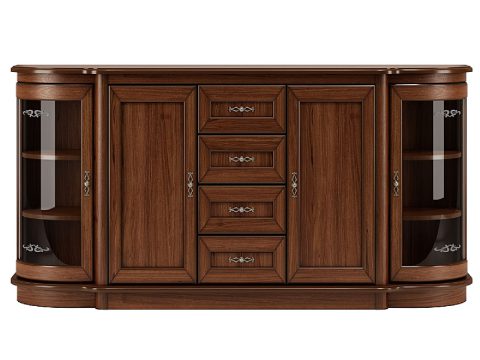 Drewniana komoda z szufladami i przeszklonymi drzwiami, styl klasyczny, ciemne drewno