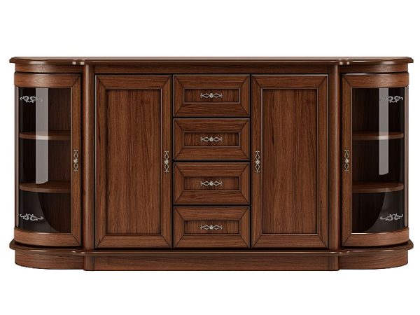 Drewniana komoda z szufladami i przeszklonymi drzwiami, styl klasyczny, ciemne drewno