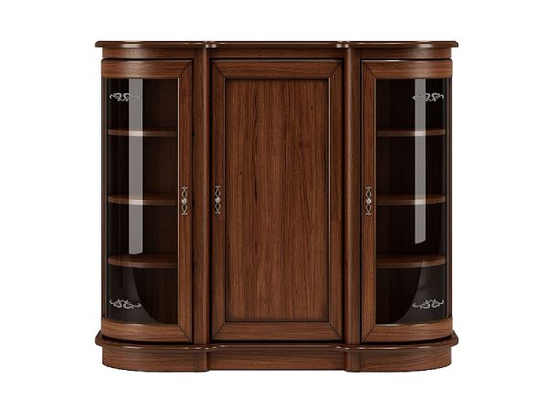Drewniana witryna z przeszklonymi drzwiami i szufladami, styl klasyczny, ciemne drewno