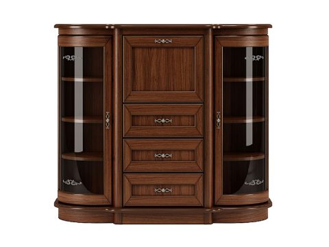 Drewniana duża komoda z barkiem i przeszkleniem po bokach