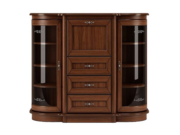 Drewniana duża komoda z barkiem i przeszkleniem po bokach