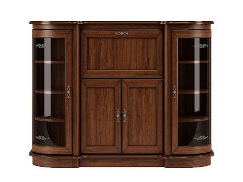 Drewniana duża komoda z barkiem i przeszkleniem po bokach