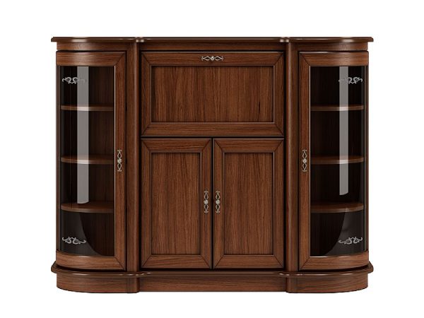 Drewniana duża komoda z barkiem i przeszkleniem po bokach