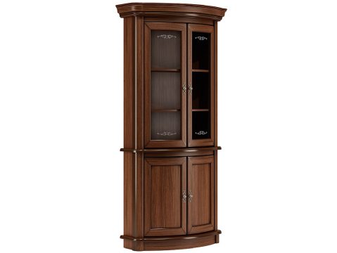 Drewniana witryna z przeszklonymi drzwiami i szufladami, styl klasyczny, ciemne drewno od boku