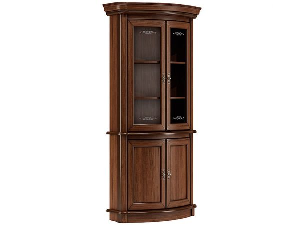 Drewniana witryna z przeszklonymi drzwiami i szufladami, styl klasyczny, ciemne drewno od boku
